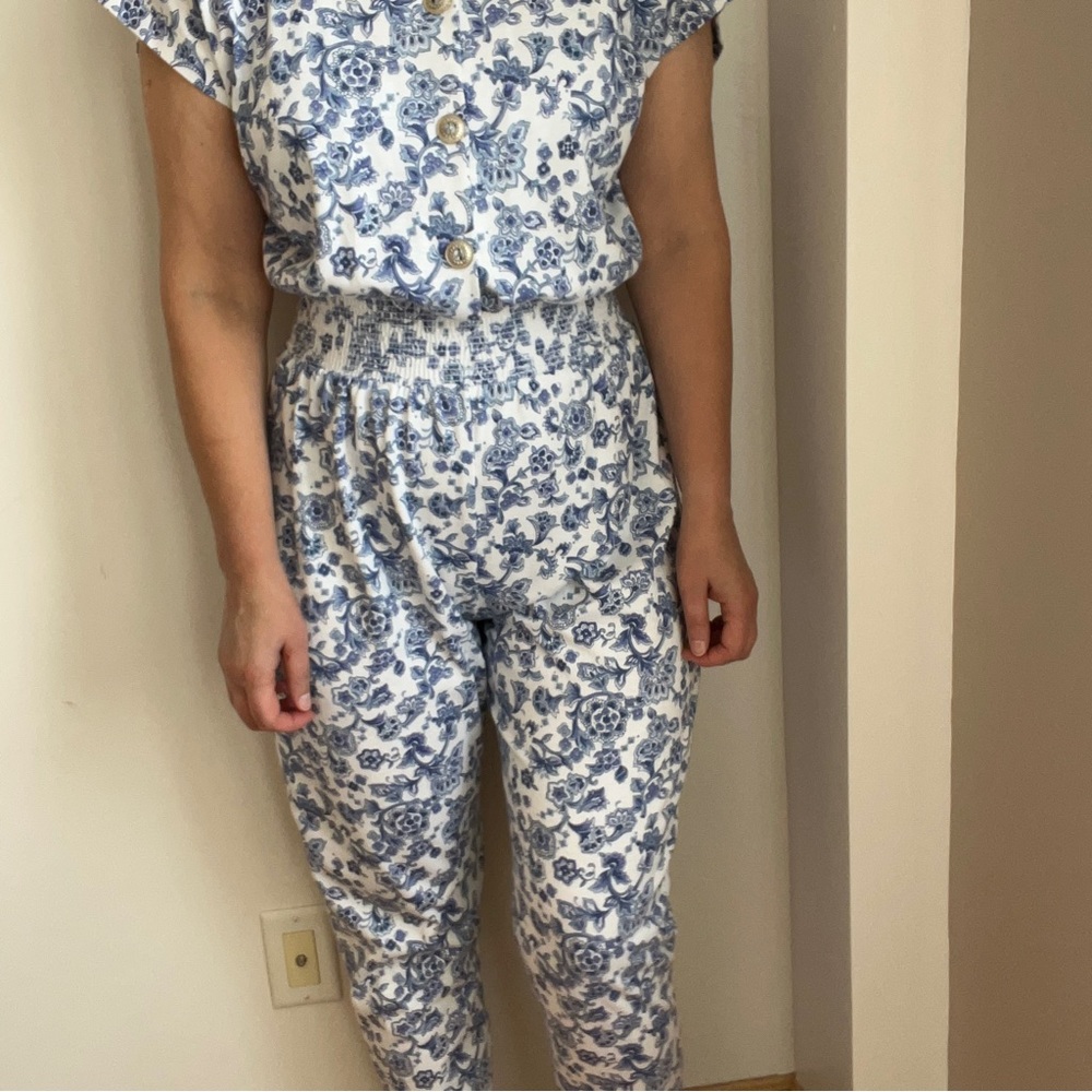 Vintage 80s 90s Jumpsuit Floral Print Blue White Size 8 Romper Cotton Polyester - Picture 8 of 8